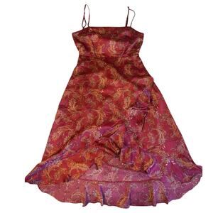 Timing Paisley Boho Red & Gold Faux Wrap Spaghetti Strap MIDI Ruffle Dress Large